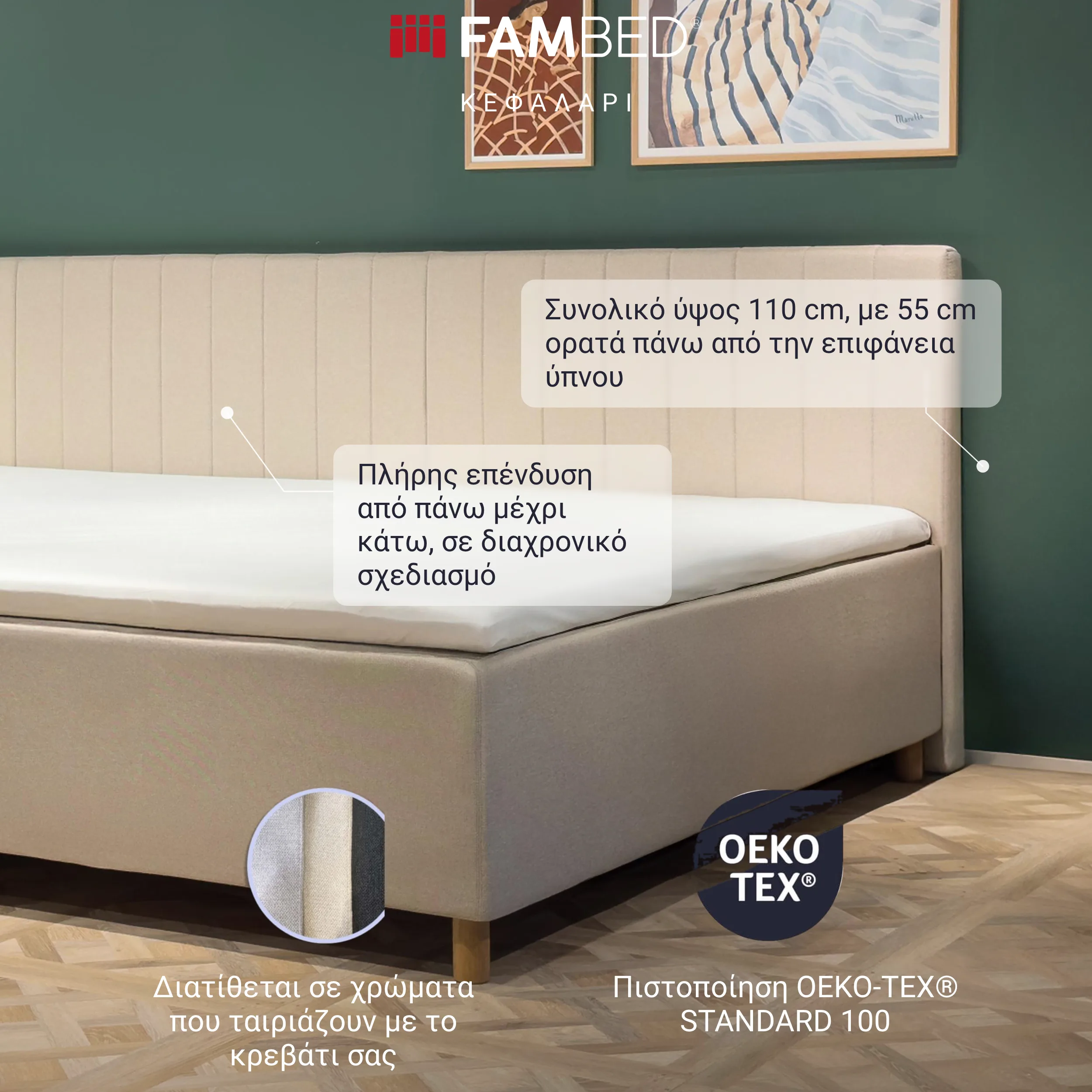 Ενημερωτικό γράφημα: μπεζ κεφαλάρι FAMBED πίσω από το κρεβάτι, με επισημάνσεις για την πλήρη επένδυση, το ύψος των 110 cm και τα ταιριαστά χρώματα